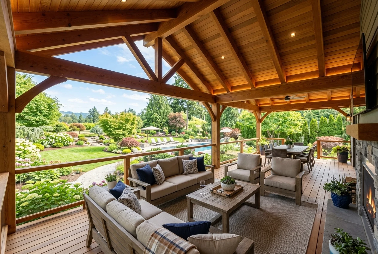 Covered Cedar Deck and Vaulted Timber Pergola Structure