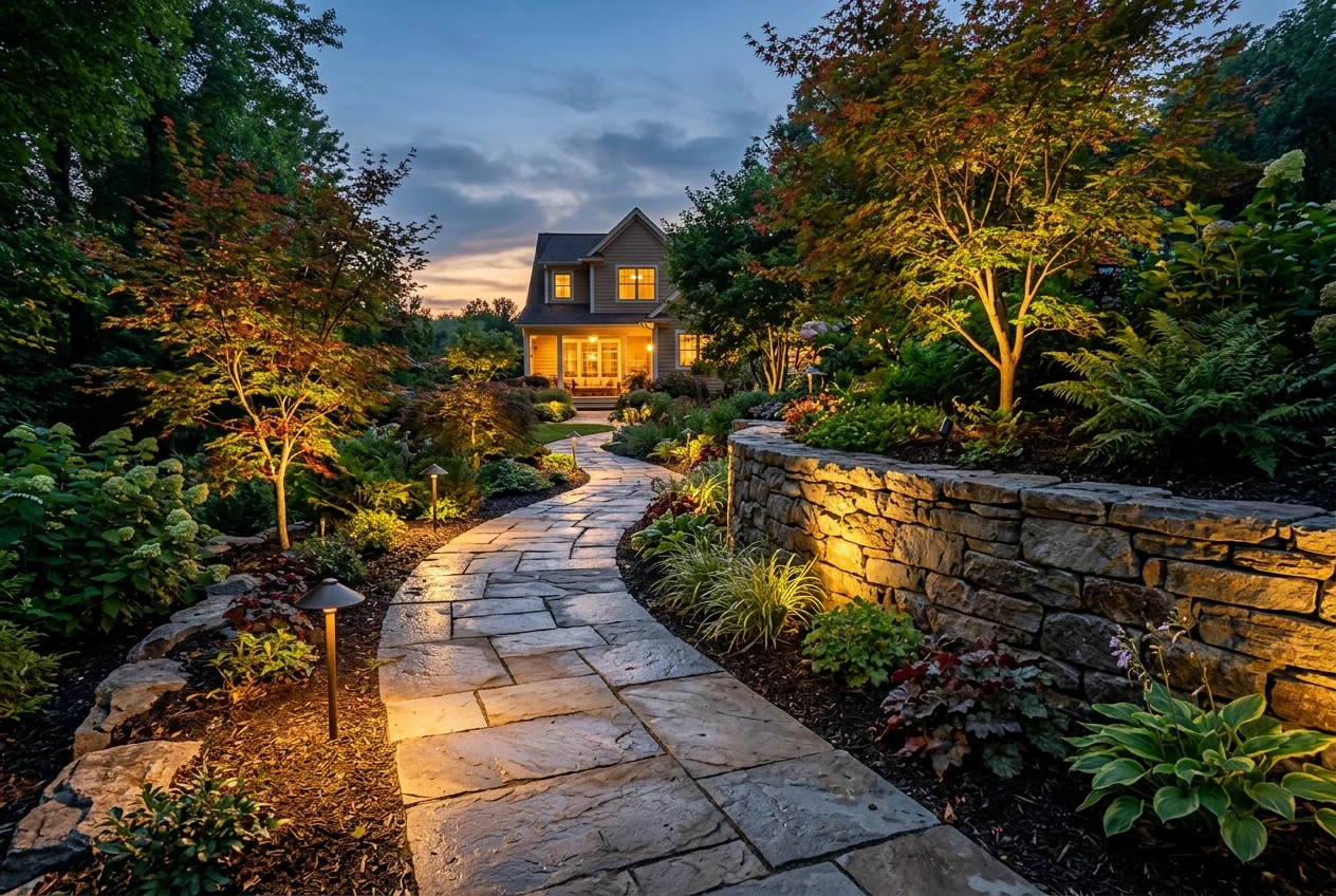 Architectural Low Voltage LED Outdoor Landscape Lighting Design at Dusk